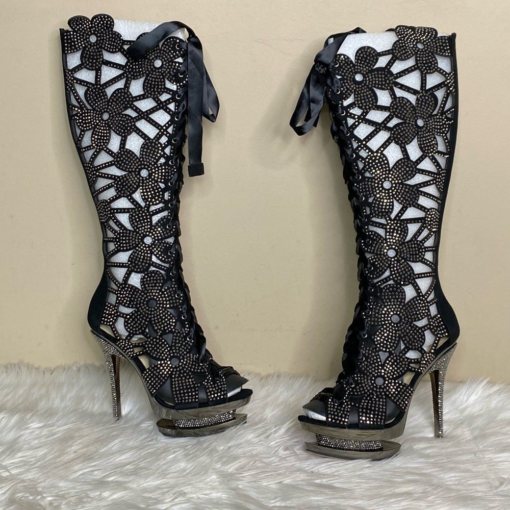 Pleaser Black Rhinestone Embellished Tall Boots